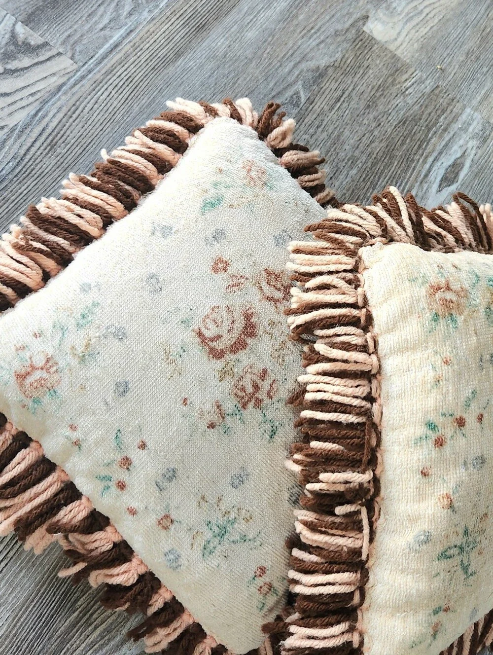 2 Handmade Cottagecore Shabby Chic Throw Pillows Fringed Muted Floral 12x12 inch